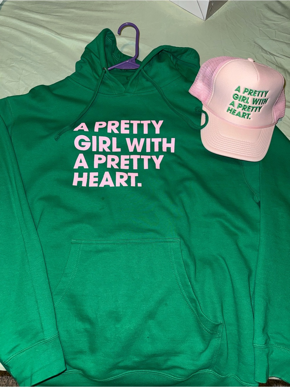Green Hoodie with Pink Slogan - A Pretty Girl With A Pretty Heart